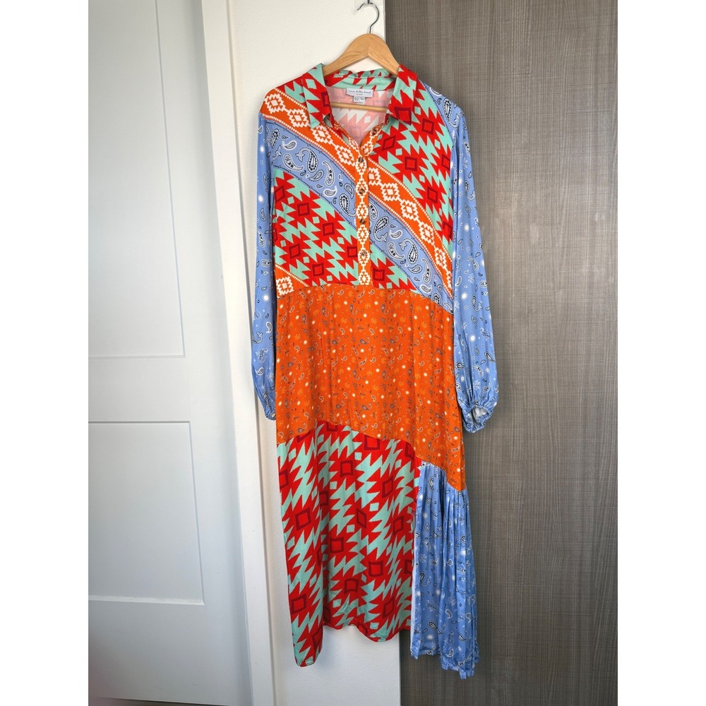 NEW Never Fully Dressed Blue Clash Effie Shirt Maxi Dress Patchwork Boho Size 16 - Picture 3 of 12